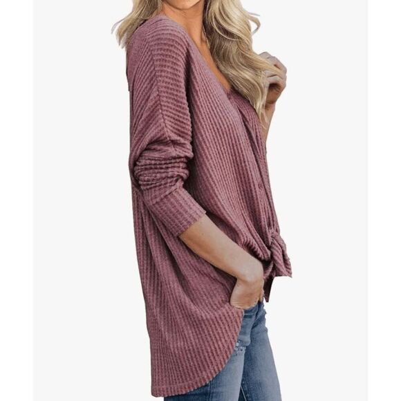 IWOLLENCE Women's Waffle Knit Tunic Blouse Tie Knot Henley Top- Size S - Picture 9 of 11